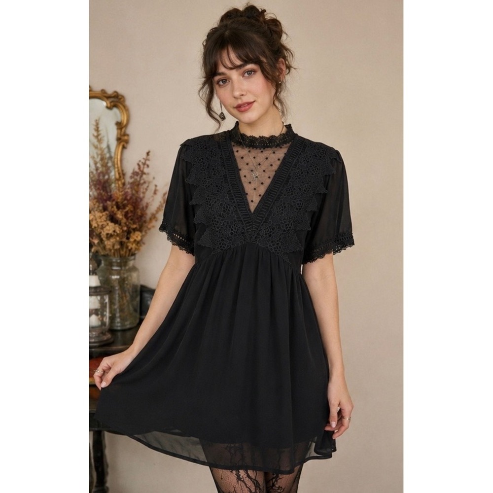 Entro Black Lace Crochet Babydoll Dress Cottagecore Romantic Goth Size Medium